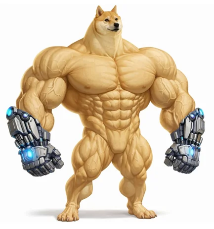 a very buff doge with cybernetic gauntlets